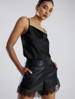 BCBGMAXAZRIA Lace Trim Faux Leather Short -Daily Wear Shop 7.30 B 2Y05B37E BLK 6