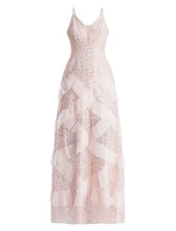 BCBGMAXAZRIA Isla Beaded Illusion Ruffle Gown -Daily Wear Shop 7.30 D MY05D07E PNK 8